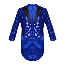 Kids Boys Sequin Blazer Tuxedo Coat Lapel Open Front Long Sleeve Tailcoat Party Magic Shows Circus Cosplay Performance Costume
