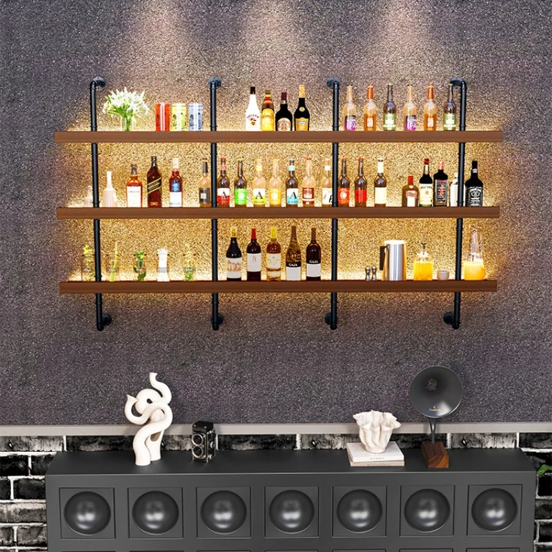Wooden Wine Rack Industrial Wall Wrought Iron Bar Wine Display Cabinet Living Room Hotel Mini Bar Showcases Furniture with Light