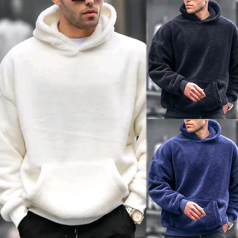 

Men's flannel hooded hoodie men's lamb wool autumn and winter pullover hooded