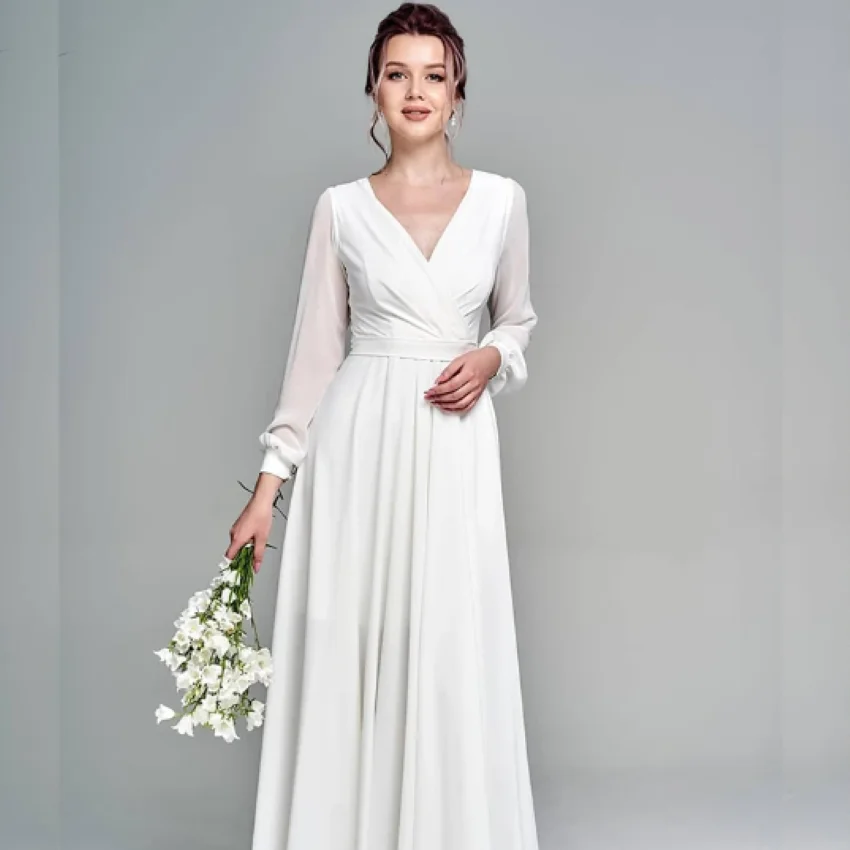

Beach V-Neck Side Slit Floor Length Sashes For Bride Robe De Mariee Zipper Cheap Simple Long Sleeve Chiffon Wedding Dress