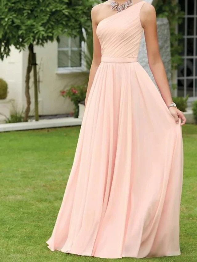 

A-Line Long Pink Bridesmaid Dress With Pockets One Shoulder Sleeveless Elegant Floor Length Chiffon Evening Dresses with Pleats