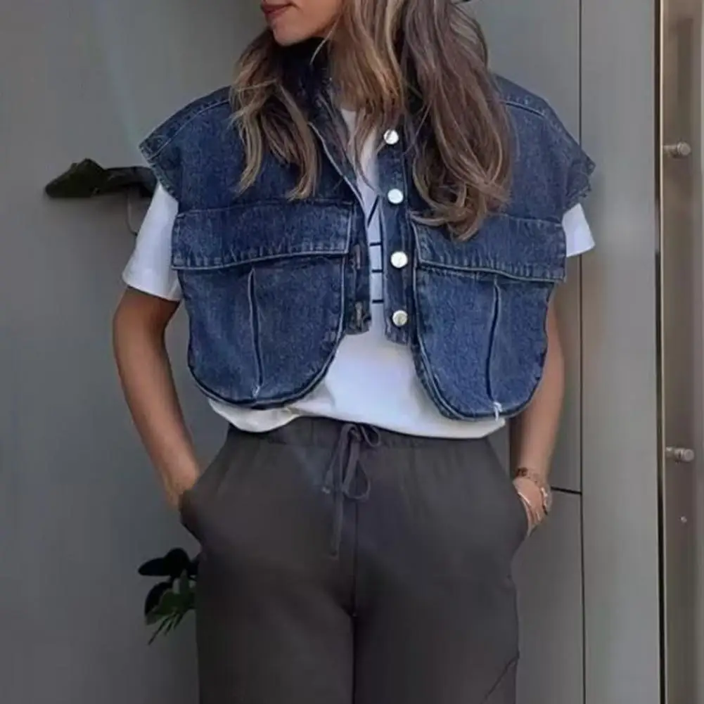 

Женская короткая джинсовая рубашка, стильная Укороченная рубашка из денима с карманами с клапаном, однобортная короткая верхняя одежда из денима с лацканами для лета