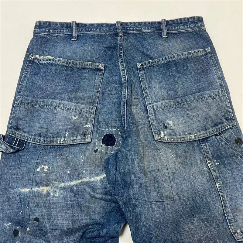 Fashionable Pants with Patched Knees and Paint Splatter Great for DIY Projects