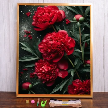 Kit de points de croix comptés de fleurs de pivoine rouge, imprimé Floral, broderie à faire soi-même, cadeau artisanal pour adultes, décoration de maison, couture 1