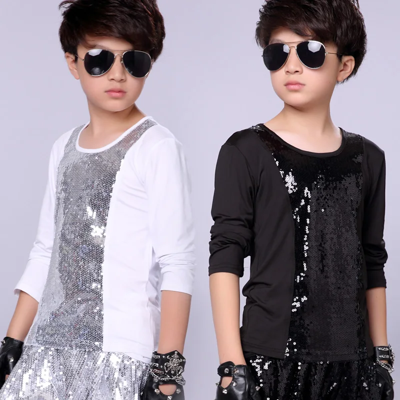 

Hip Hop Clothing Boy Street Dancing Wear Children Stage Show Jazz Costume Boys Sequined Long Sleeve Round Neck Top Kids