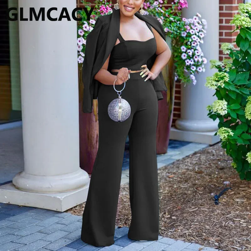 

3 Pieces Pants Sets Women Long Sleeve Blazer Top & Bra & Wide Leg Pants