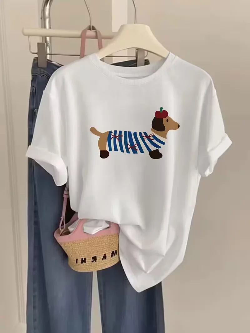 Kurzarm-T-Shirt im Cartoon-Stil mit gestreiftem Hundemotiv, Rundhalsausschnitt, Sommer-Damenbekleidung, lässiges T-Shirt, tägliche Streetwear