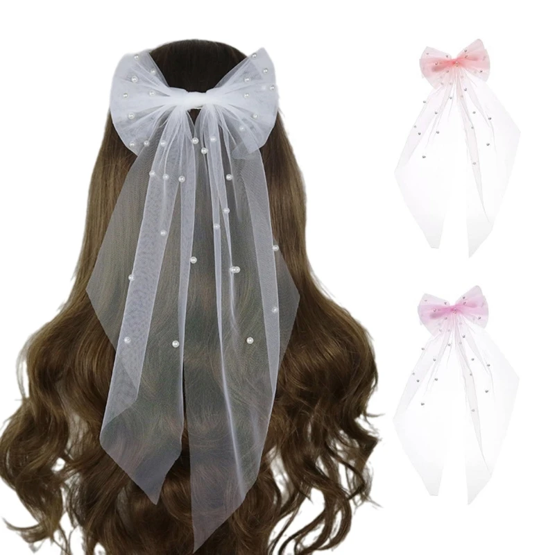 

Двухслойная свадебная фата с бантом для свадебного душа, короткая фата из бисера, заколка для волос, фата для пляжа, свадебная