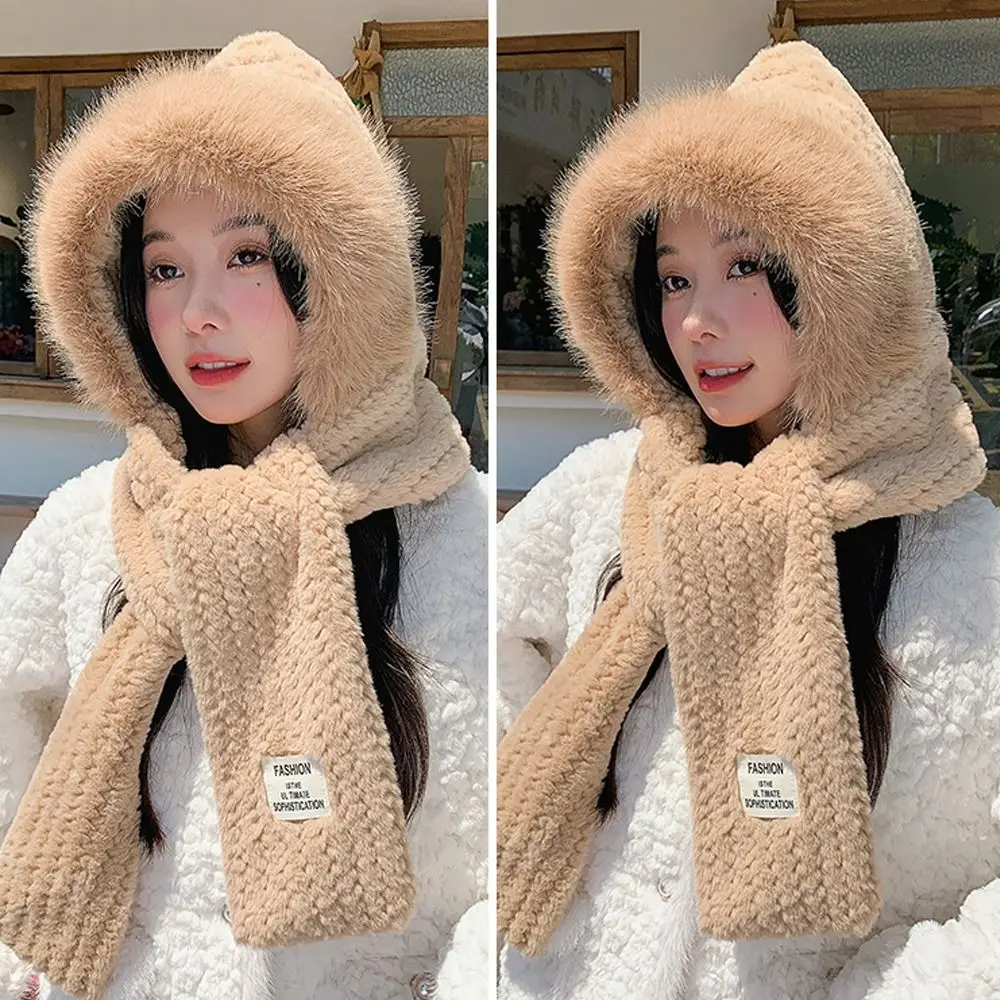 

Thickened Warm Women Plush Hat Soft Ear Scarf One Piece Hooded Warm Ear Hats Windproof Knitted Scarf Hat Cycling Skiing