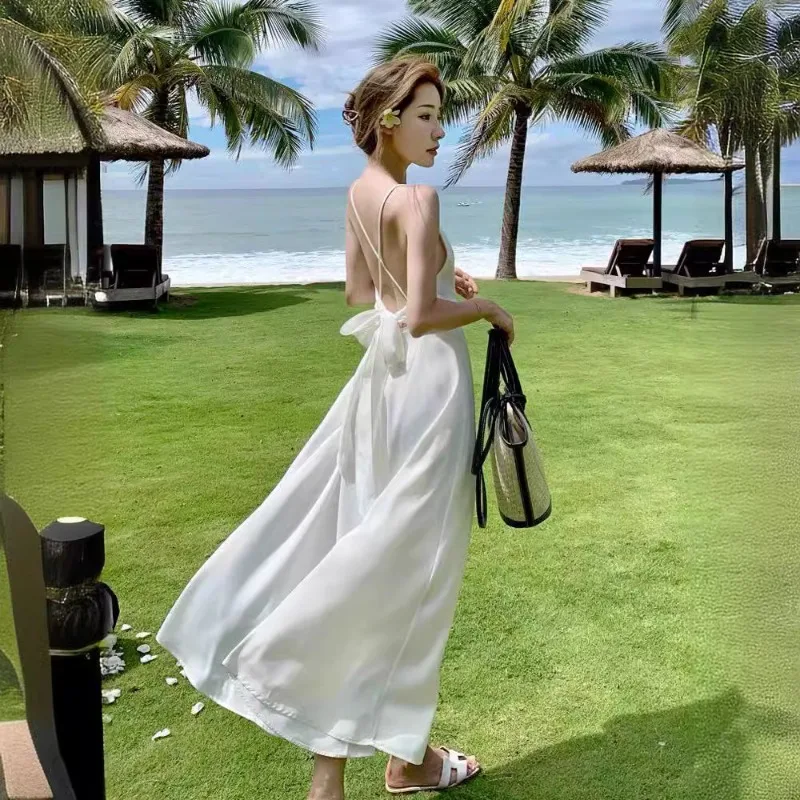 

Пляжная юбка с открытой спиной, лето 2024, платье для отпуска у моря, Милая юбка на бретелях в европейском и американском ретро стиле, длинная юбка