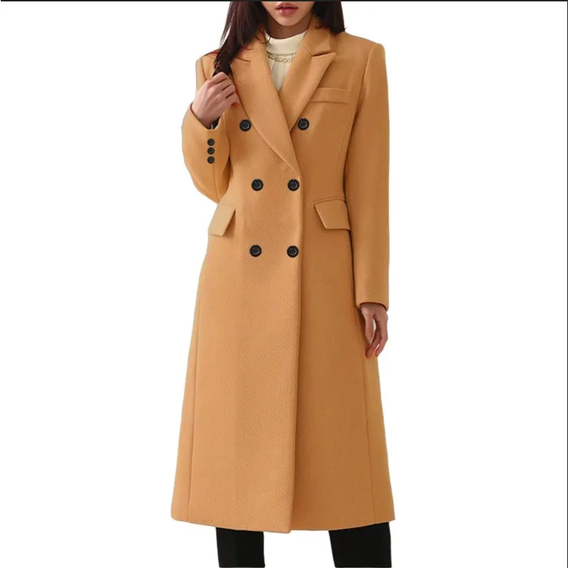 

Wepbel Long Woolen Women's Coat Long Sleeve Straight Double Breasted Overcoats Outwear Solid Color Woolen Coat Pockets Jackets