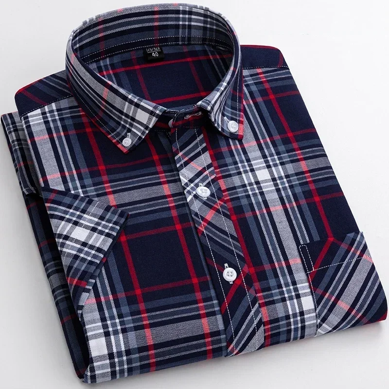 2024 Summer  Regular Fit Classic Young Cotton Plaid Short Sleeve Shirts For Men Plus Size  England  Style Shirts Man's Clothing 5