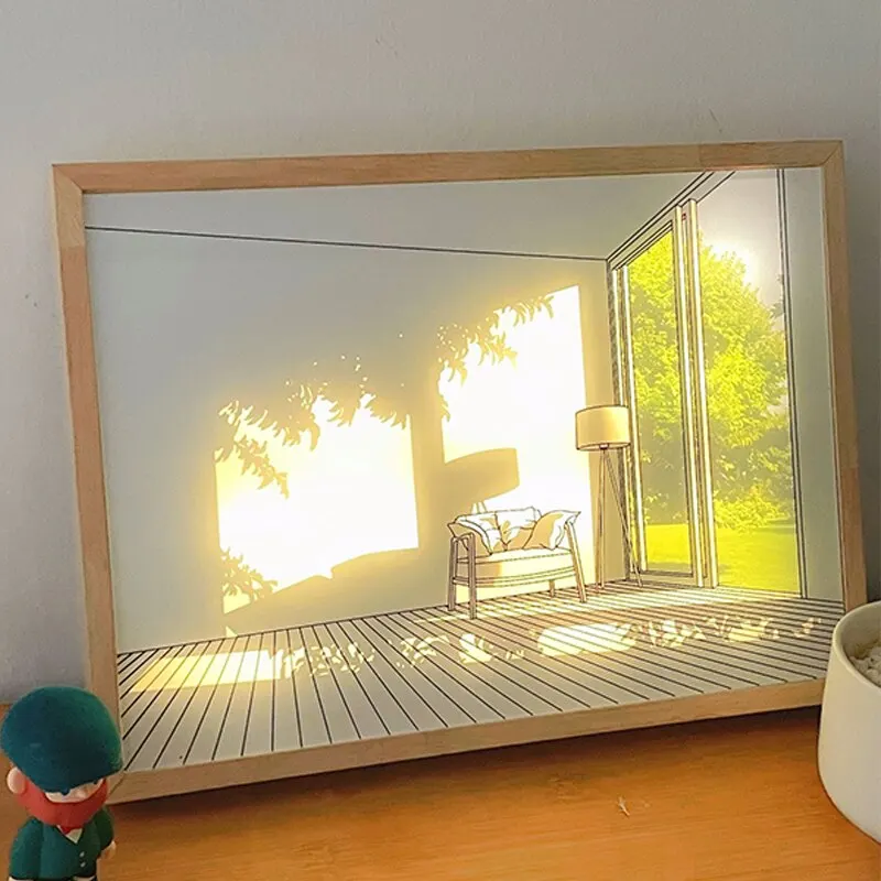 

INS LED Painting Light Dimming Wall Lamp Artwork Gift Indoor Bedroom Table Lamp Sunlight Window Wooden Photo USB Night Luminou