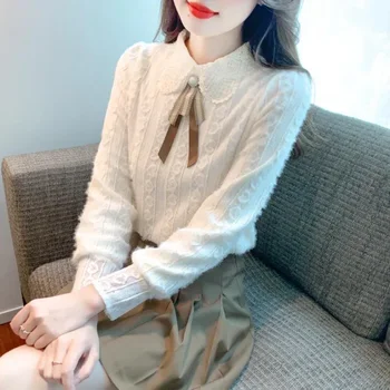 Nuovo top a maniche lunghe dolce stile floreale con colletto per bambola con base in pizzo autunno e inverno 1