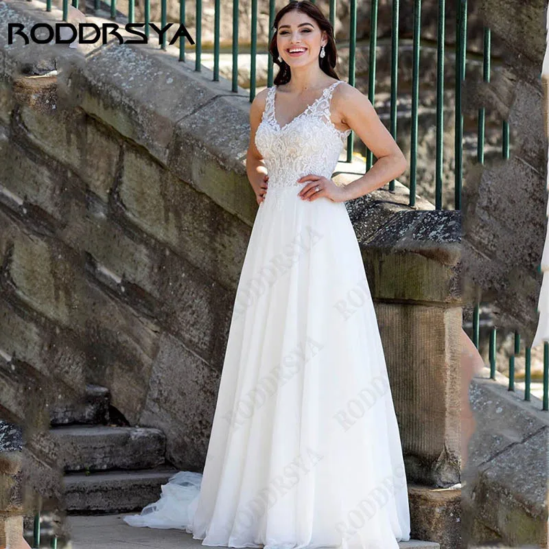 

RODDRSYA Sleeveless Chiffon A-Line Wedding Dress For Women Boho V-Neck Appliques Bride Gowns Open Back Vestido Noiva Custom Made