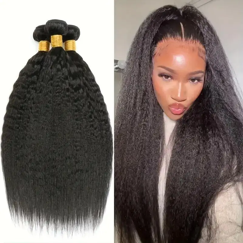 3 Pcs Kinky Straight Bundles Brazilian Unprocessed Virgin Human Hair Weave Bundles 4C Yaki Human Hair Extensions Natural Black