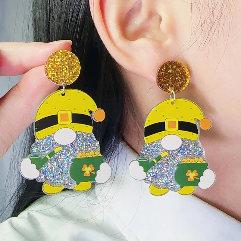

Square Horseshoe Pipe Green Earrings St. Patrick's Clover Dwarf Black Stove Print Irish Festival Women's Earrings