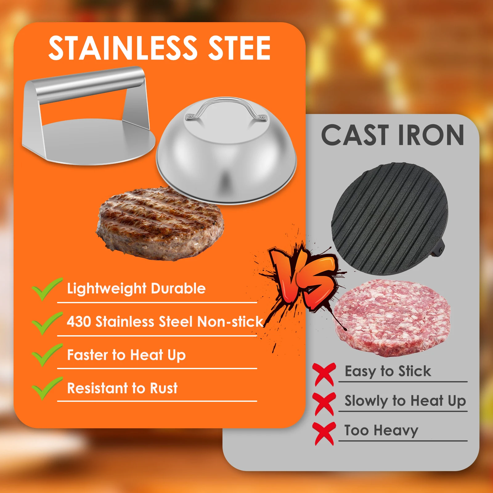 Set Pressa Per Hamburger In Ghisa - 2 Forme (Rotonda E Rettangolare) Con Manico In Legno - Foto 3