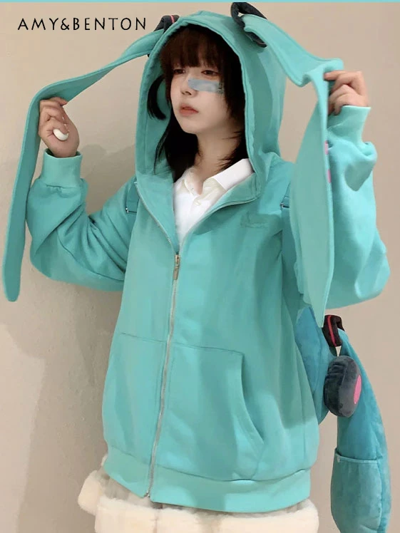 Japanese Sweet Cute Rabbit Ears Hoodies Women Spring New Harajuku Style Gothic Oversized Sweatshirts Hatsune Miku Zip Up Hoodie