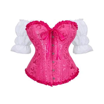 Corset Shirt Blouse Set 2pcs Plus Size Women Bustiers Top Sexy Vintage Flower Print Lingerie Corselet Lace Korsett Black Red