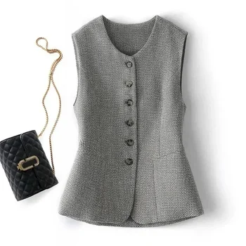 여성용 싱글 브레스트 슬림 숏 라운드넥 조끼 재킷, 민소매 편안한 조끼, 숙녀 코트, 용수철 가을 신상, 2024