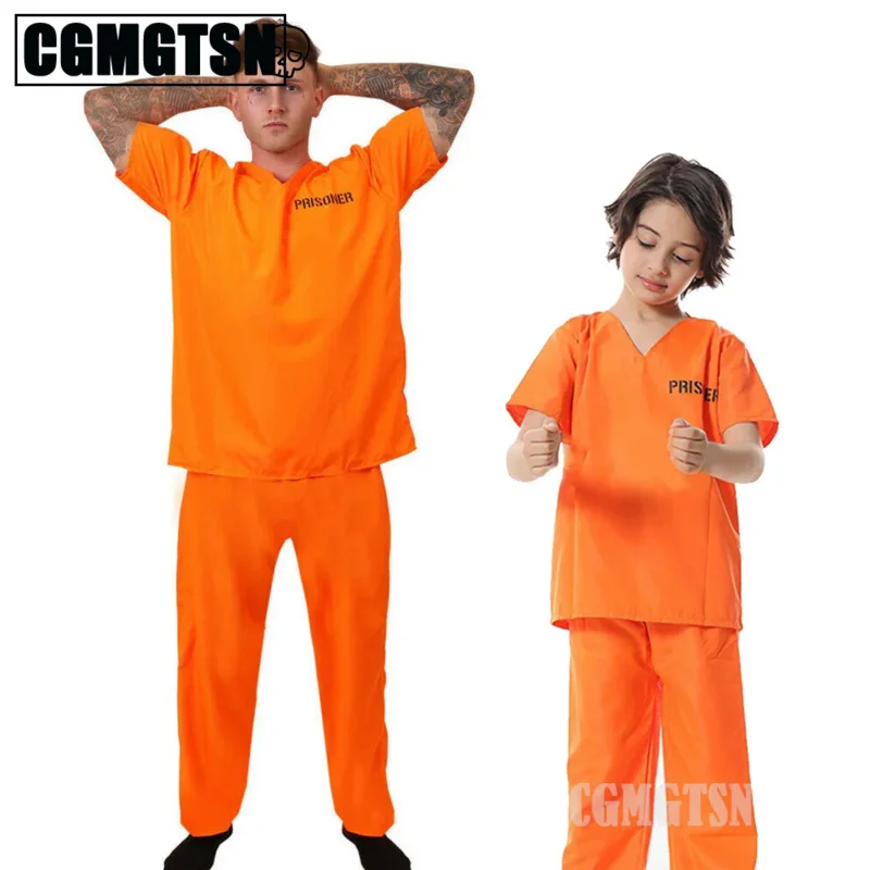 

CGMGTSN Men's Prisoner Jumpsuit Children's Halloween Costume Adult Jailbird Costume Orange Prison Boiler Suit
