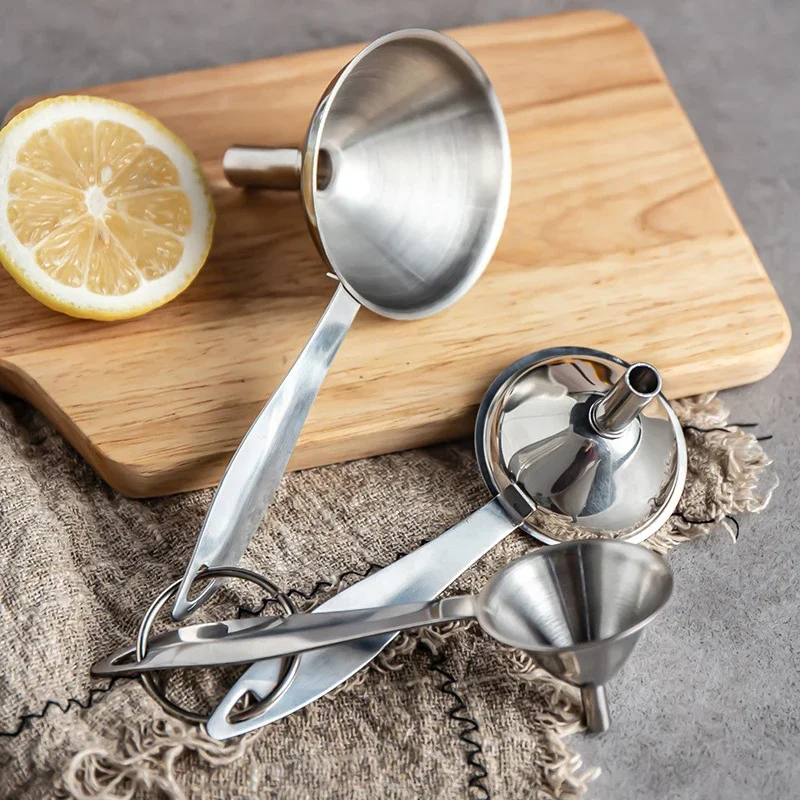 3Pcs/set Long Handle Funnel Stainless Steel Oil Liquid Funnel Set For Kitchen Fluid Spice Dry Ingredients Filter Metal Funnels