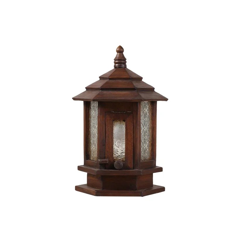 Natural Solid Wood Table Lamp, Thai Pattern Glass Round Bulb Interface, Pure Handmade Distressed Eco Friendly Wood, Garden Lamp