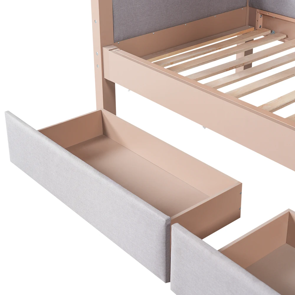 90x200cm Holz-Etagenbett für Kinder, Babybett mit weichem Anti-Kollisions-Schaumstoffrand, 4-stufige gerade Treppe, 2 Schubladen, stabile Lattenroste, sicher – Detail 26