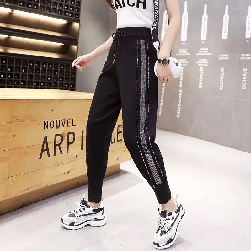 Loose Fit Black Knitted Harem Pants for Women with Diamond Rhinestone Decoration Elastic Waistband Sweatpants Cropped Pants 4