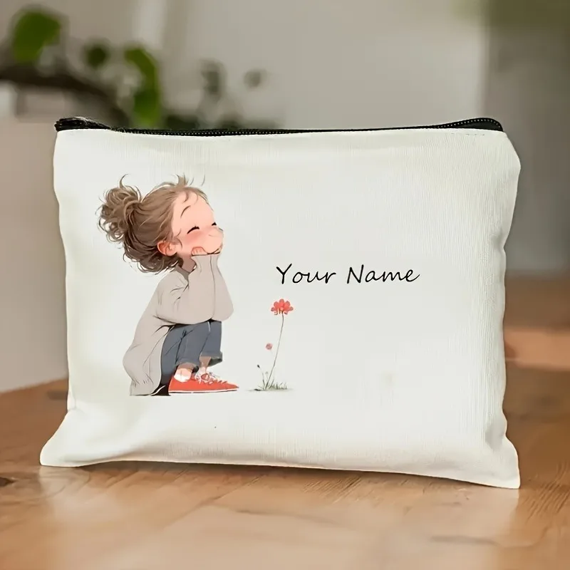 Korean-Style Anime Girl Makeup Bag - Customizable Name Beauty Case, Durable Travel Organizer, Chic Gift Pouch