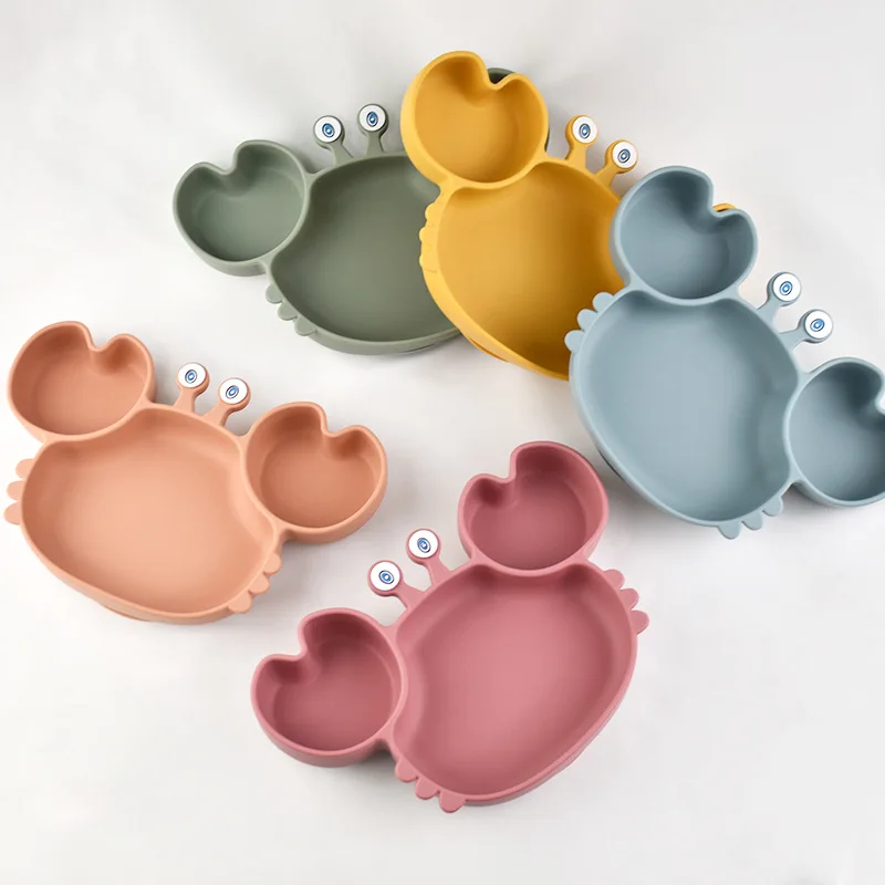 Baby Safe Silicone Dining Plate Suction Cartoon Children Dishes Feeding Toddler Training Tableware Kids Cartoon Crab 3-Grid Tray 5