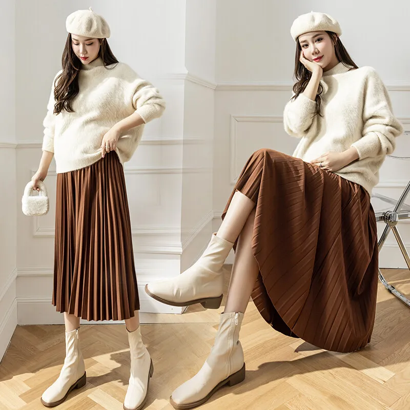 Pregnant Women Skirt F71910# Maternity Skirt Easy Matching Pleated Design High Waist Slim Mid-Long Pregnancy Skirt