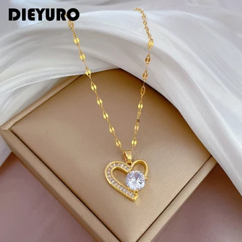 DIEYURO 316L Stainless Steel Asymmetrical Heart Zircon Pendant Necklace 1