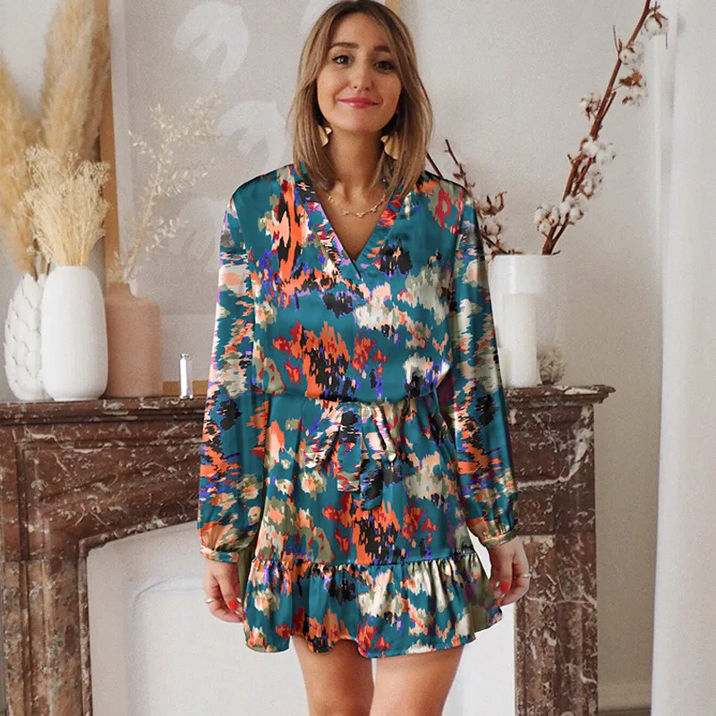 Женское Плиссированное Платье с V-образным вырезом, короткая юбка с рукавами-лепестками и абстрактным принтом, осенняя одежда для женщин