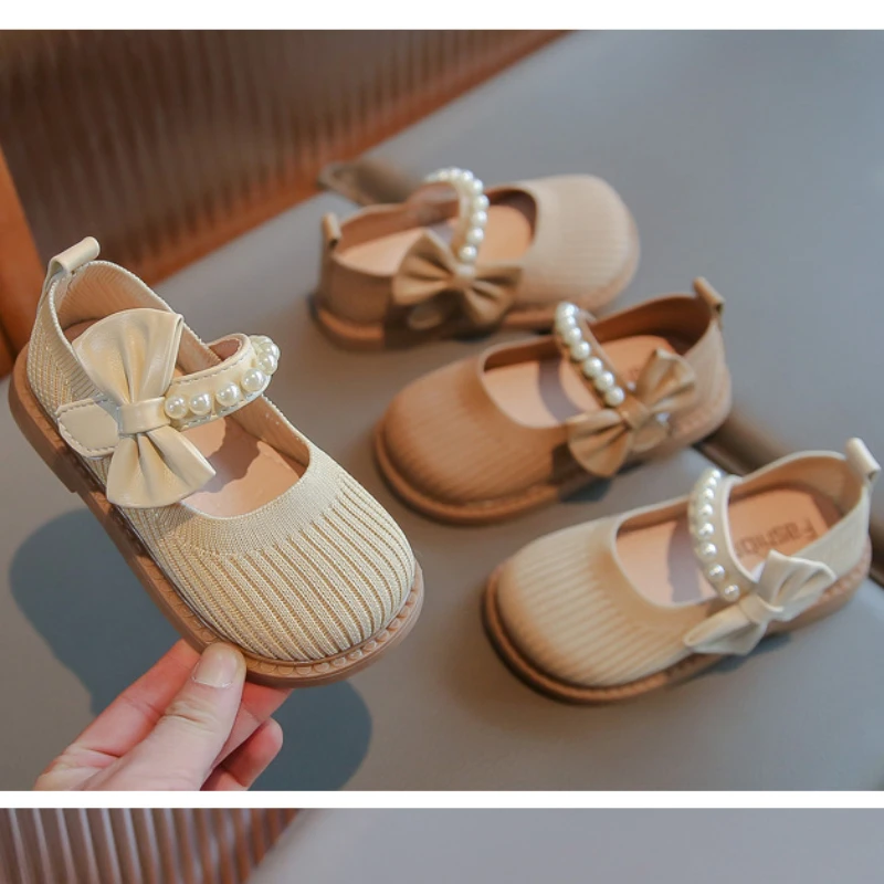 

Spring Girls Knitted Bow Pearl Fragrant Baby Shoes Soft Sole Shallow Mouth Loafer Children's Princess Flats Size 23-33