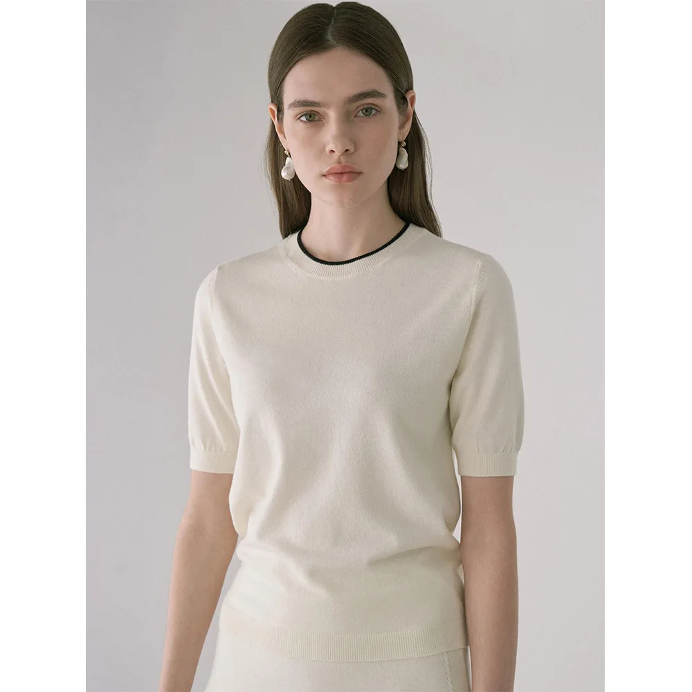

Wool Style Knitted Shirt Spring and Summer Short Sleeve Bottom Pullover Top Women's Versatile Solid Color Simple T-shirt