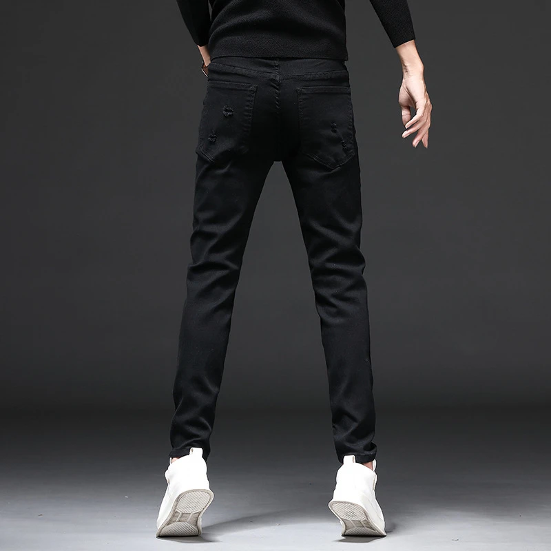 EH·MD® Summer Black Ripped Jeans Men's Simple High Elastic Small Feet Slim Fit Cotton Comfortable Breathable Scraped Metal New22