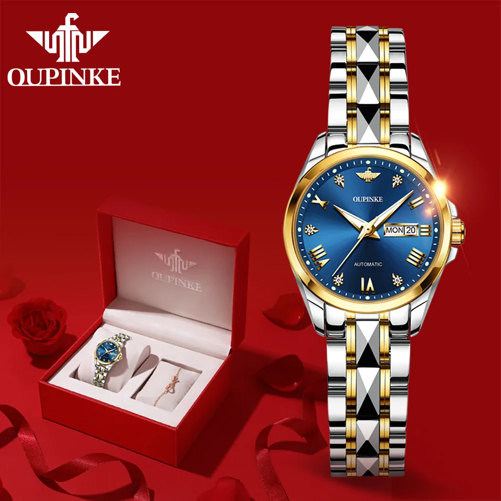 

OUPINKE Women Luxury Watch Automatic Mechanical Watches Sapphire Crystal Tungsten Steel Waterproof Wristwatch With Bracelet Set