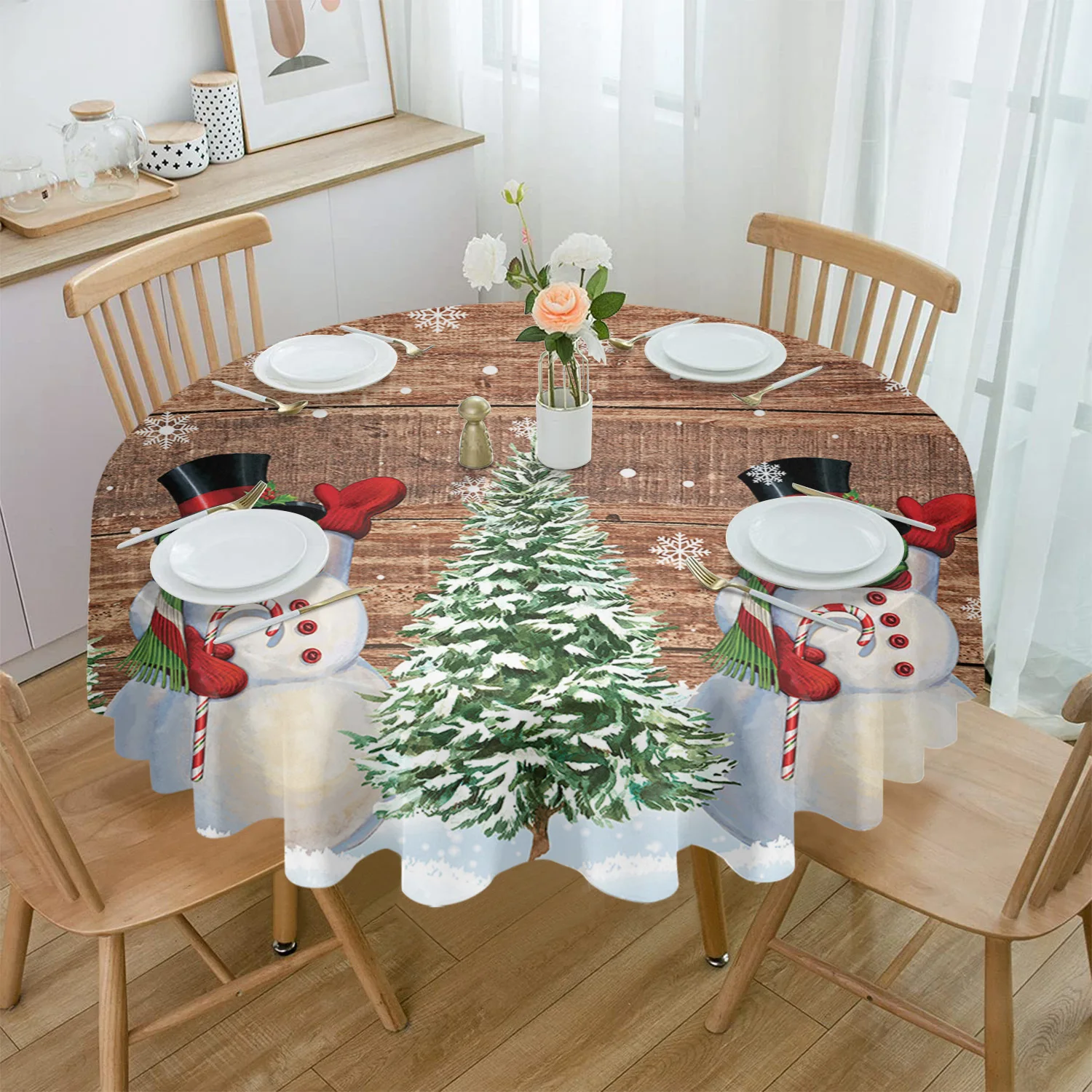 

Christmas Snowman Vintage Plank Round Tablecloth Waterproof Wedding Party Table Cover Christmas Dining Table Tablecloth