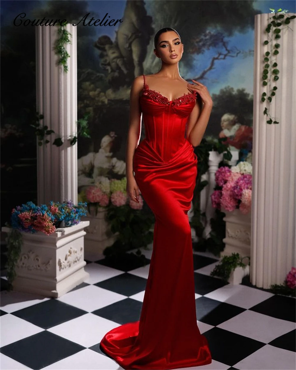 

Red Spaghetti Beaded Sweetheart Satin Evening Gown For Elegant Party Mermaid Bespoke Occasion Dresses Fish Bones Cocktail Dresse