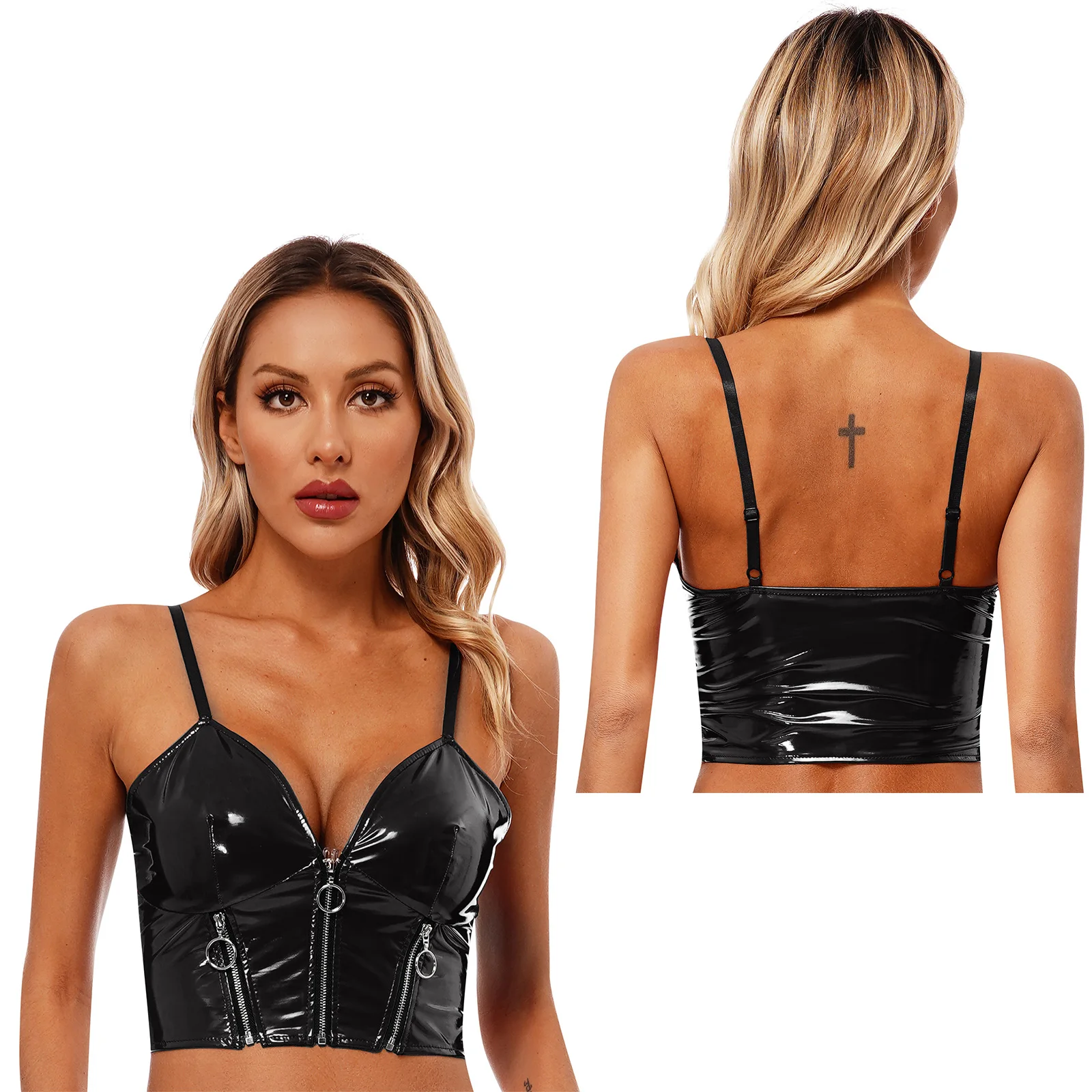 thumbnail image 1 of Top corto de charol brillante para mujer, escote en V profundo, cremallera frontal, sin espalda, chaleco tipo camisola sexy, disfraz para fiesta rave en discoteca, 1 of 5