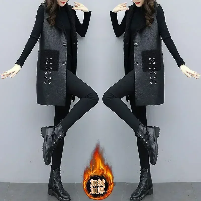 Winter wool Leather Vest Women's Clothing 2025 PU Jacket Korean Solid Sleeveless Vest Mid Long Coat Female Waistcoat Outerwear - 4