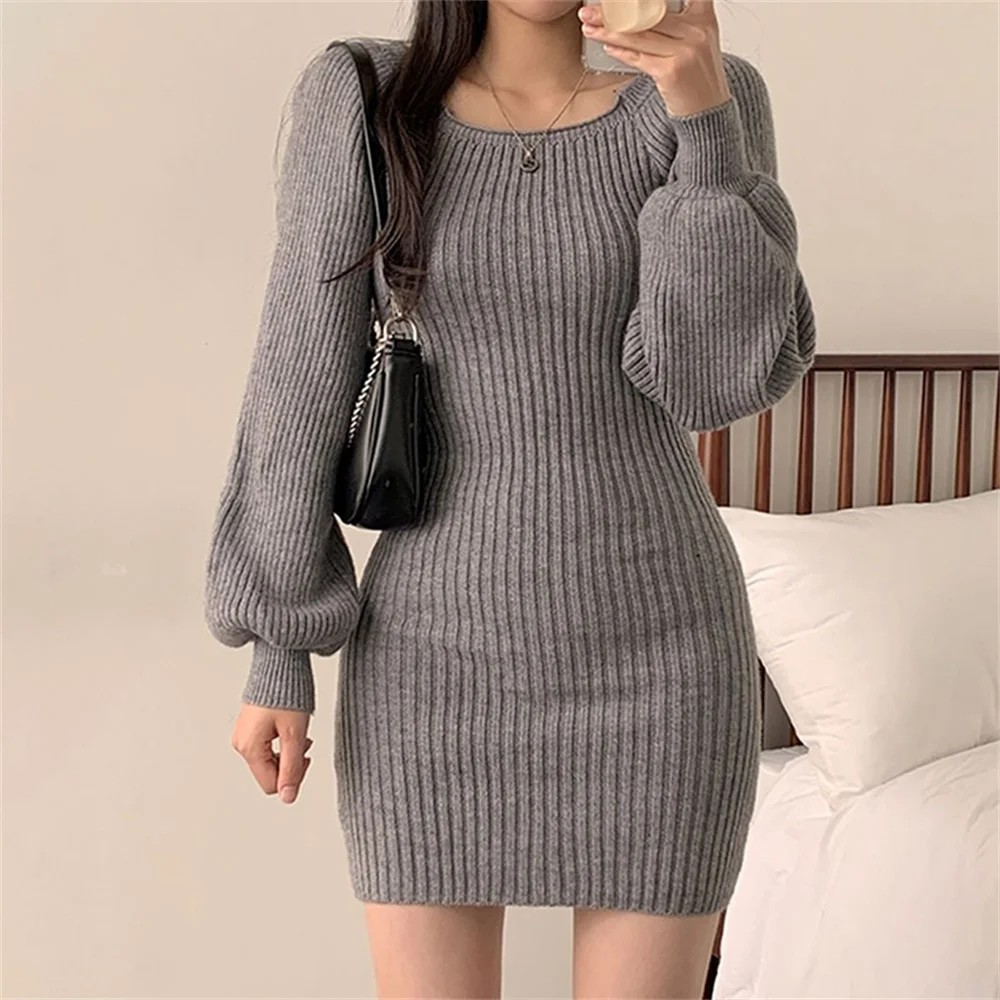

PLAMTEE Chic Solid Mini Skirts Knitted Women Lantern Sleeve Gentle Winter 2022 Party Slim Sexy Bottoming Warm Sweater Vestidos