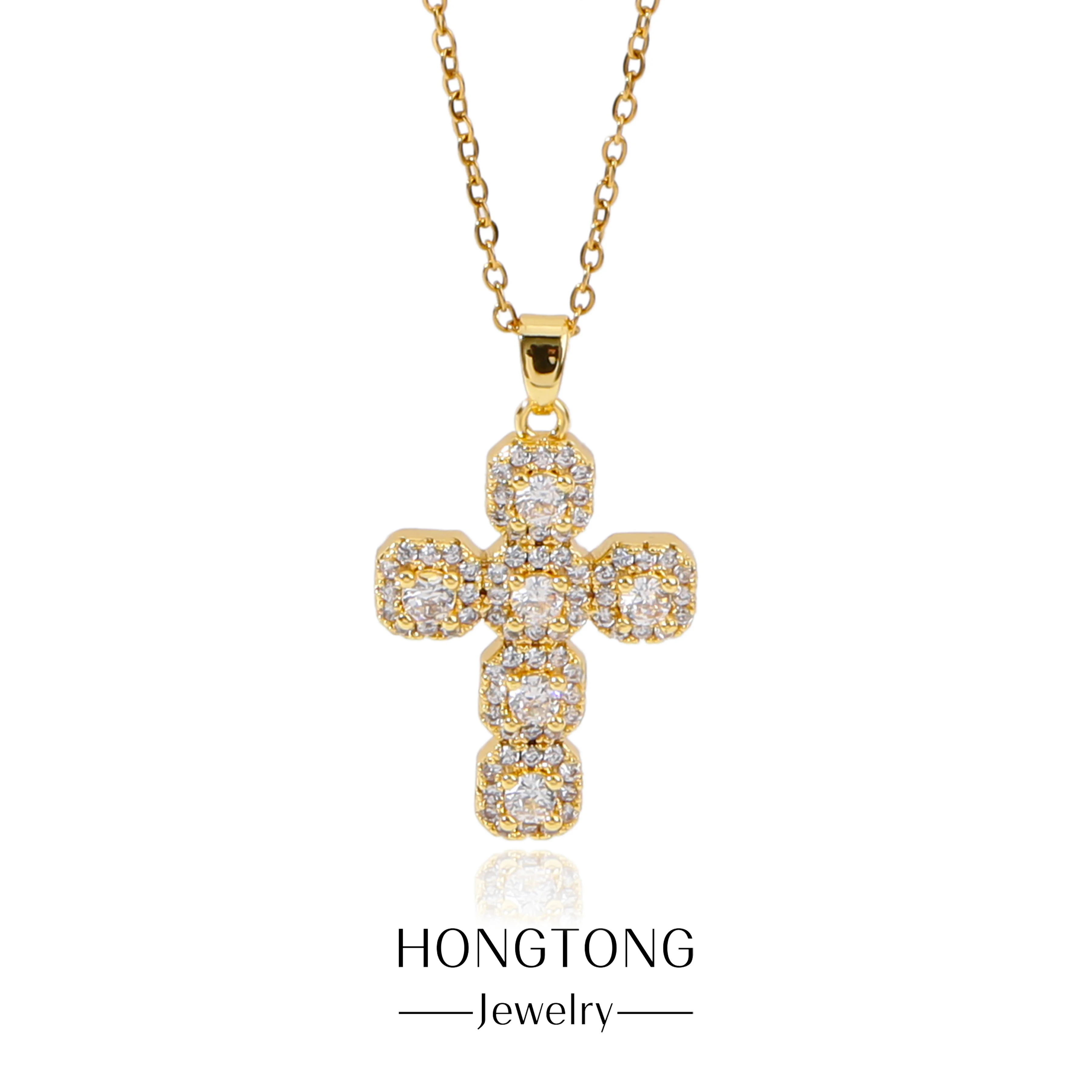 

HONGTONG Classic Geometric Cross Pendant Women's Exquisite Monochrome Zircon Amulet Stainless Steel Necklace Gift For Churchmen