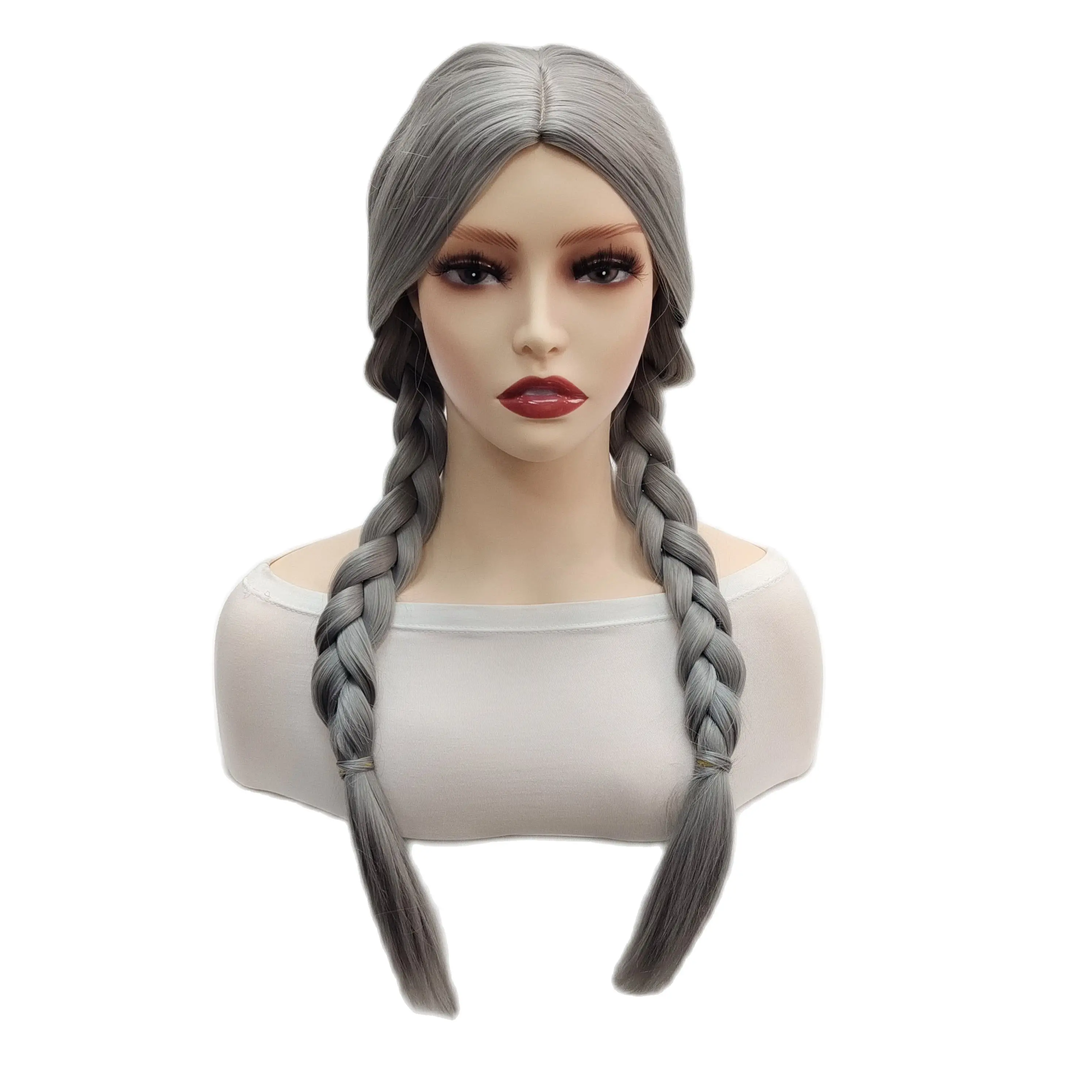 Wig Long Straight Gray Two Braids Anna Little Princess Wigs For Women Human Hair Cosplay Anime Party  One Piece Synthetic wig