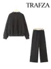 TRAFZA Women's 2-piece Retro Solid Color Zipper Bomber Jacket Sweatshirt + High-waisted Lace-up Women's Loose Velvet Pants Suit 6
