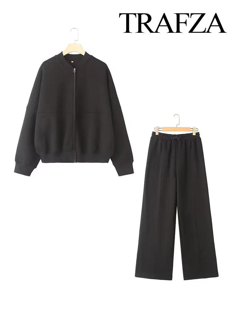 TRAFZA Women's Fall 2-Piece Retro Solid Color Zip Bomber Jacket Sweatshirt+High Waist Lace Up Women's Wide Leg Pants Street Wear 6