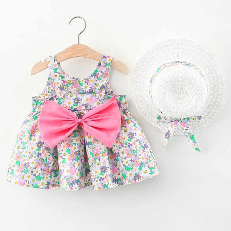 

2PCS Summer Baby Girl Clothing Korean Cute Print Big Bow Flowers Princess Dress+Sunhat Toddler Dresses Newborn Clothes BC2201-1