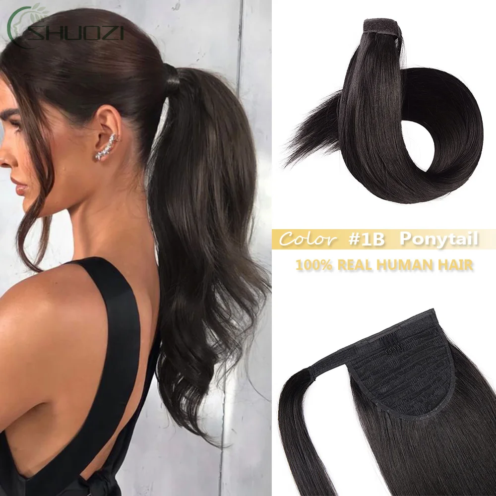 포니테일 익스텐션 랩 어라운드 포니테일 헤어 익스텐션, 매직 페이스트 100% 실제 인모 클립, 포니 테일 실키 스트레이트 